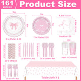 161PCs Pink Bow Party Supplies Pink Coquette Plates Napkins Cups