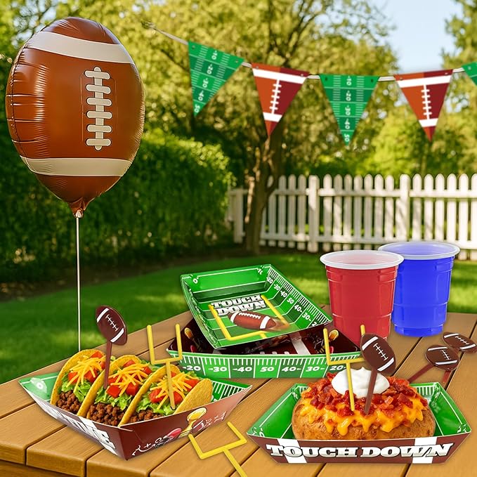 50 Piece Football Party Food Tray Box Kit 30 Oil Resistant Paper