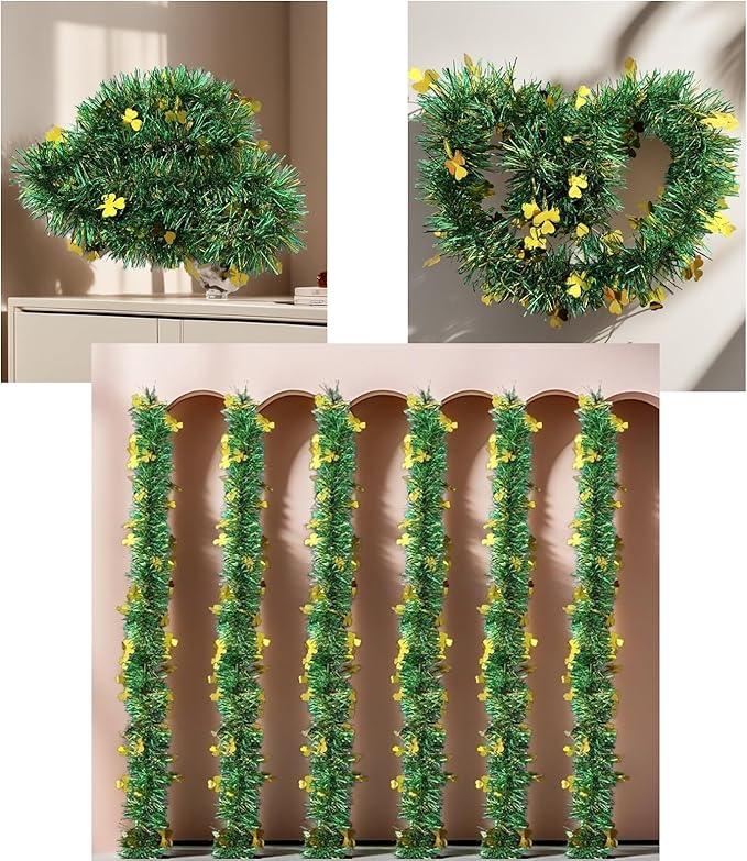 St Patrick Day Tinsel Garland 50 FT Green Gold Fringe Garlands with