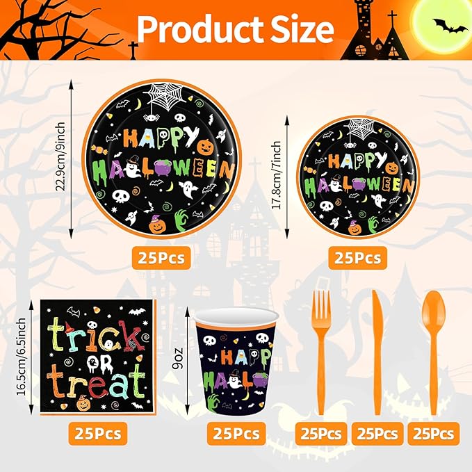 175 Pcs Halloween Tableware Party Supplies Set Serves 25 Spooky
