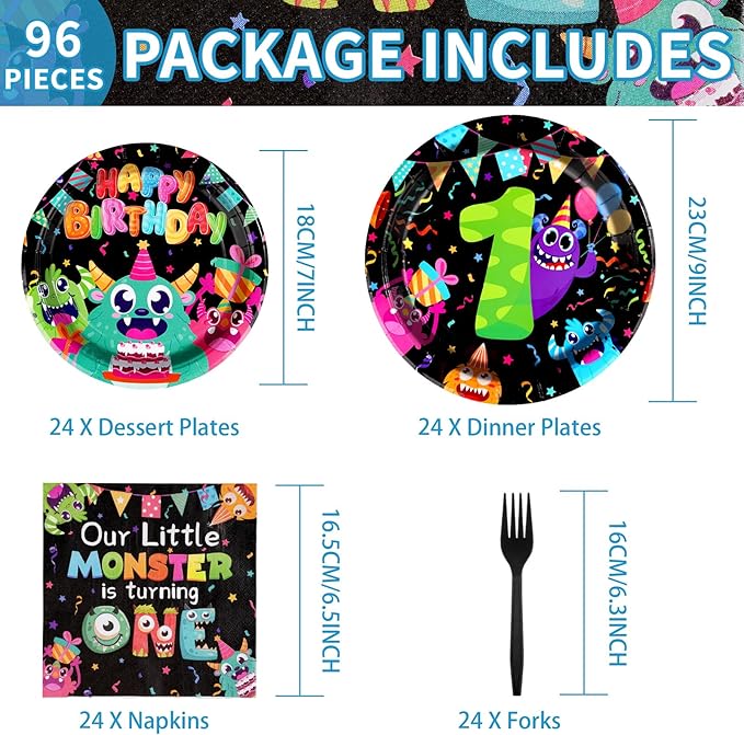 96 Pcs Monster 1st Birthday Party Supplies Little Monster Plates and