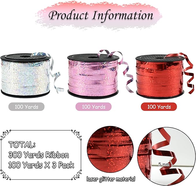 BEISHIDA Red Pink Silver Curling Ribbons Balloon String Ribbons - 3