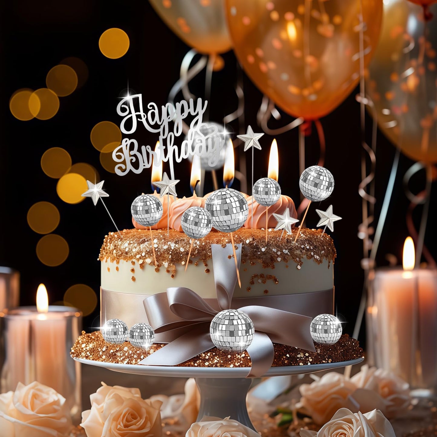 28 Pcs Disco Ball Cake Topper Retro 1970s Disco Ball Cupcake Toppers