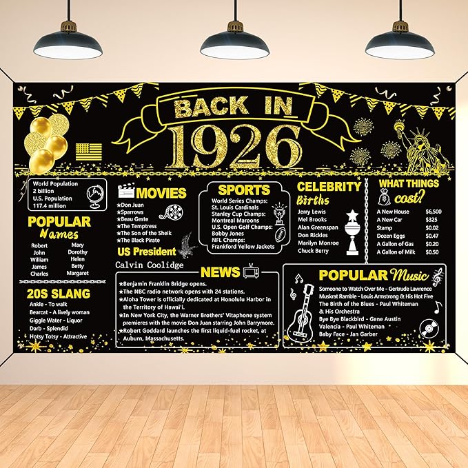 DARUNAXY 100th Birthday Black Gold Party Decoration, Back in 1926