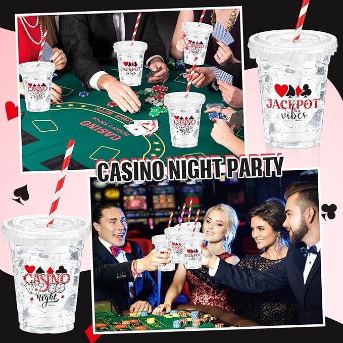 50 Pcs Casino Night Cups 12 oz Disposable Plastic Cups with Straws