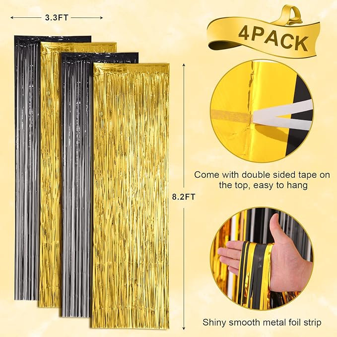Voircoloria 4 Pack Black and Gold Foil Fringe Backdrop Curtains,
