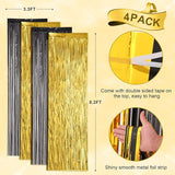 Voircoloria 4 Pack Black and Gold Foil Fringe Backdrop Curtains,