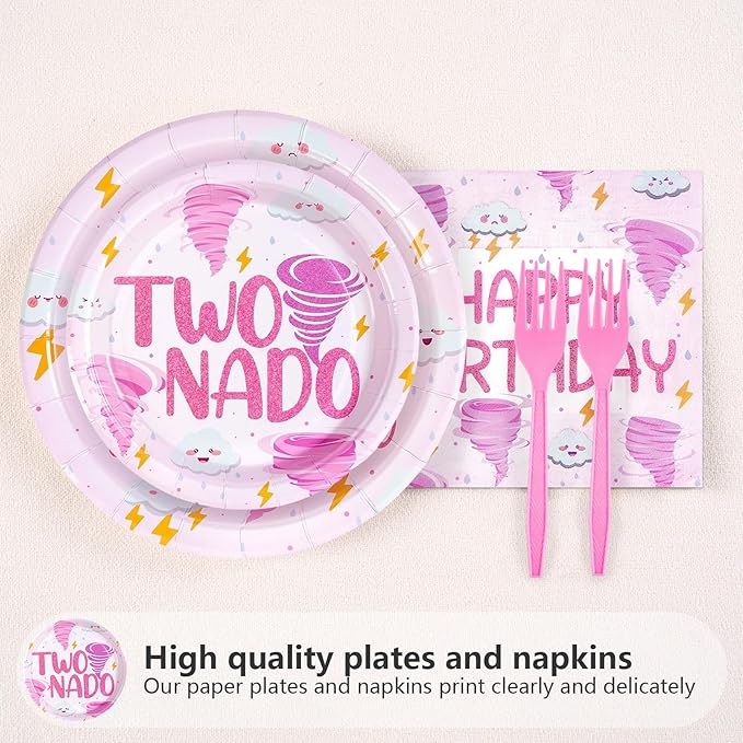96Pcs Two Nado Party Supplies Pink Tornado 2nd Birthday Plates and
