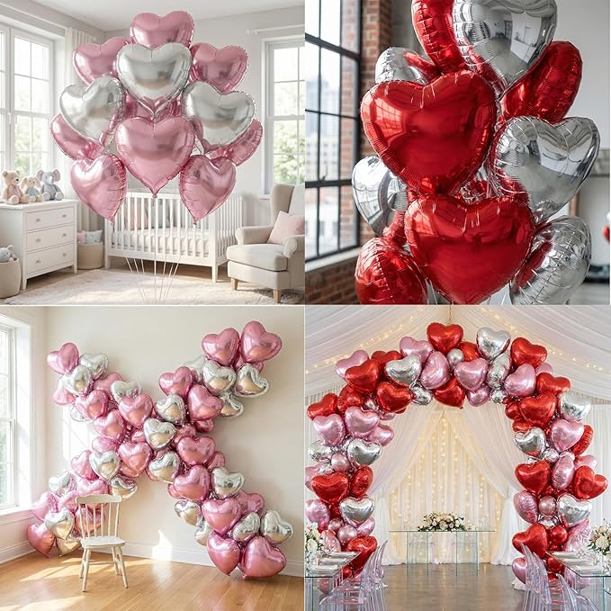 18 Inch Pink & Sliver & Red Heart Balloons 24 Pcs Valentine's Day
