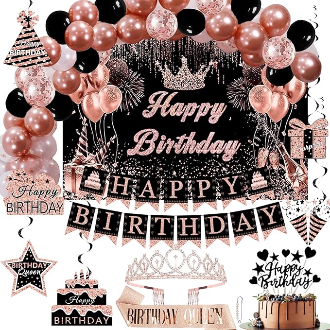 Rose Gold Birthday Decor Kit for Girls Women Backdrop Sparkle Crown