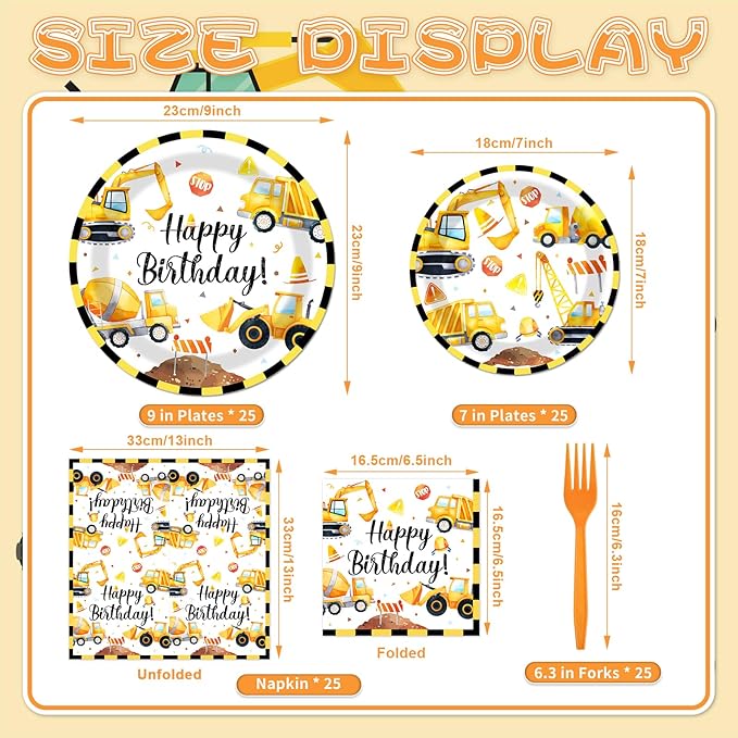100 Pcs Construction Truck Party Tableware Set Disposable Vehicle