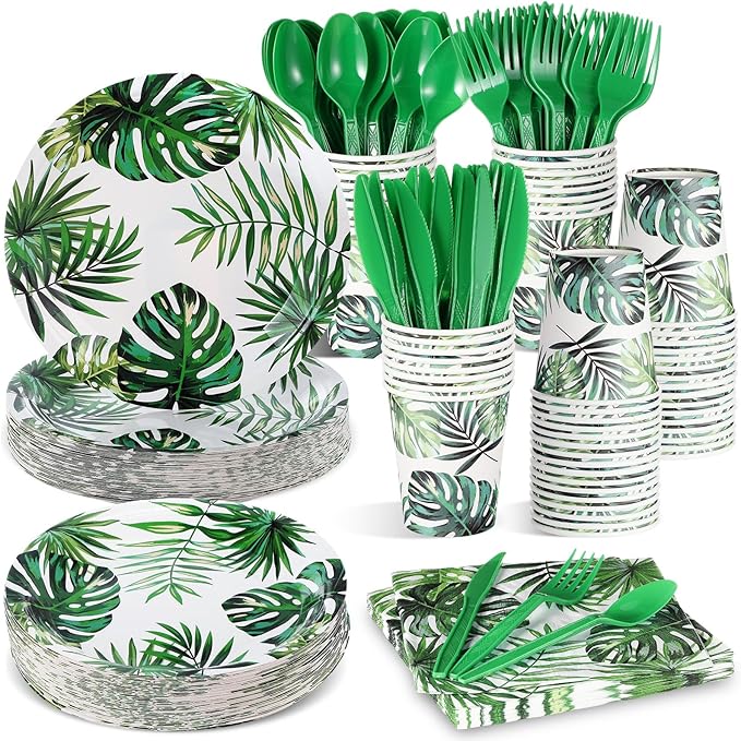 350 Pcs Luau Party Supplies Hawaiian Tropical Palm Leaves Tableware