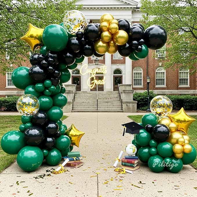 Double Stuffed Dark Green Black Gold Balloon Arch Kit 104Pcs Emerald