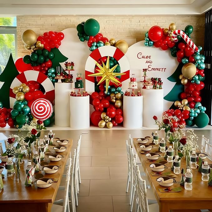 Christmas Balloon Arch Red Dark Green Gold Balloons with Candy Cane