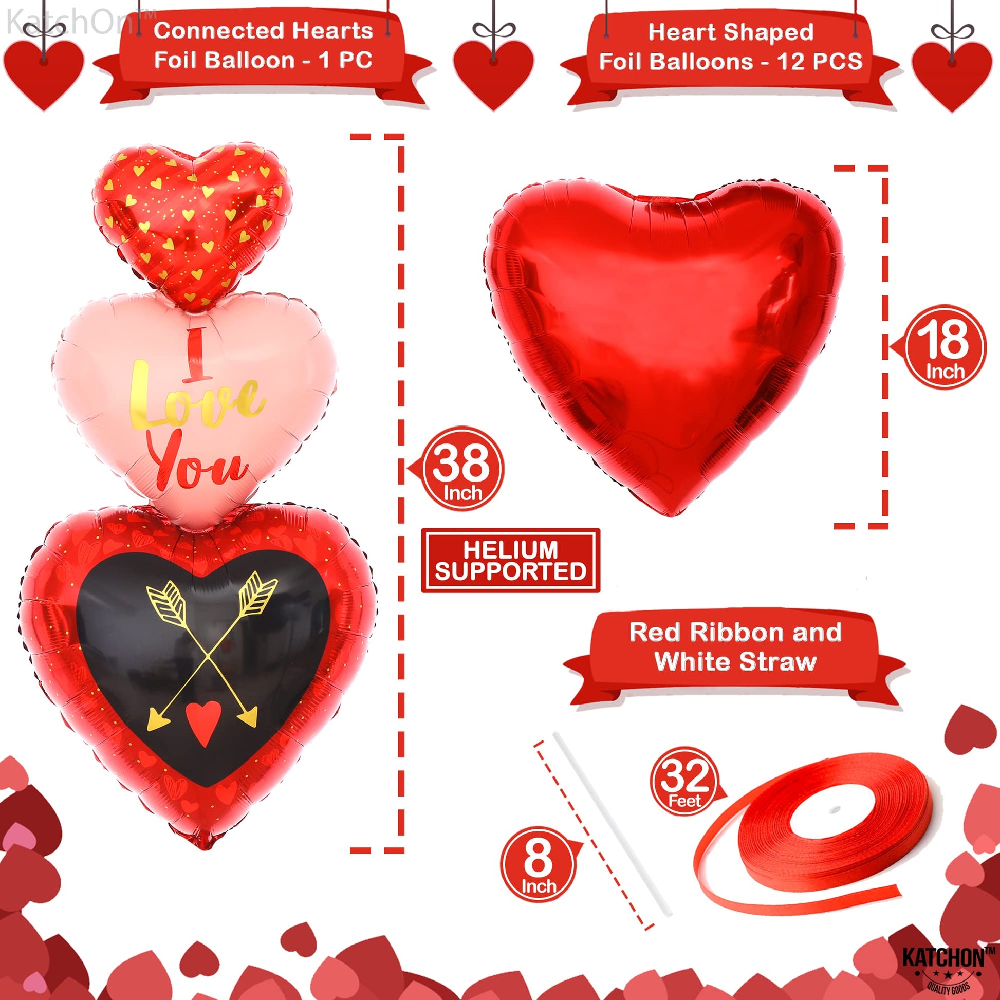 KatchOn, Red Heart Balloons Decorations - Pack of 13 | I Love You