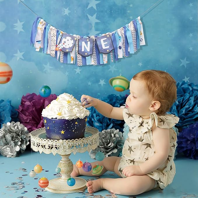 Outer Space High Chair Banner Planets Astronaut Rocket 1st Birthday