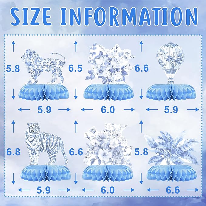 Blue Toile de Jouy Safari Baby Shower Centerpieces – 12 PCS Blue &