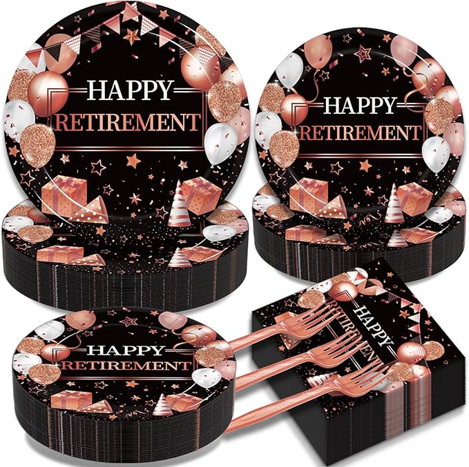 200Pcs Retirement Party Plates and Napkins Set Rose Gold Happy