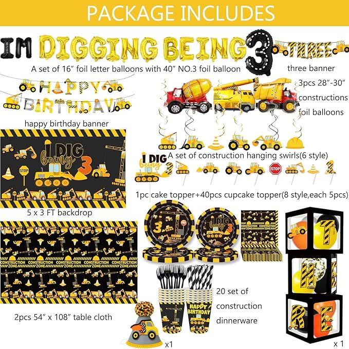 348 Pcs Construction 3rd Birthday Decorations Dump Truck Three Years