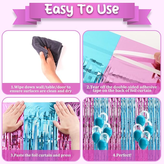 Voircoloria 4 Pack 3.3x8.2 Feet Blue and Pink Foil Fringe Backdrop