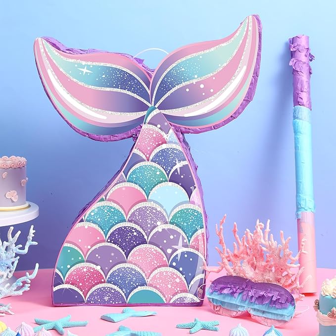 Mermaid Tail Piñata Ocean Supplies Pull String Seashell Fish Piñata