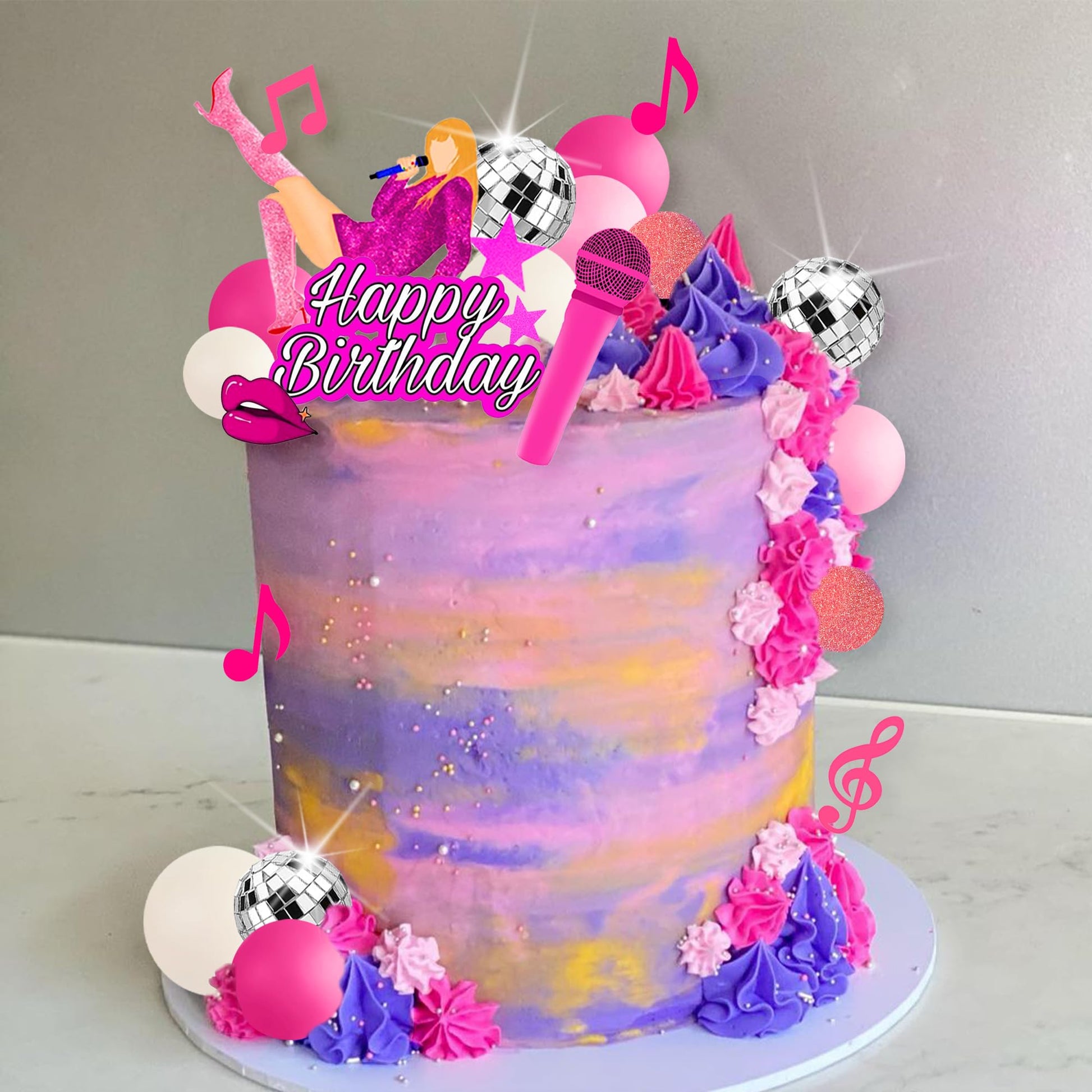 26 PCS Music Cake Toppers Pink Birthday Cake Topper and Disco Cake