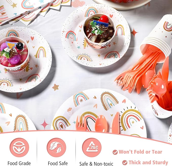 145 Pcs Boho Birthday Party Supplies Include Rainbow Plates