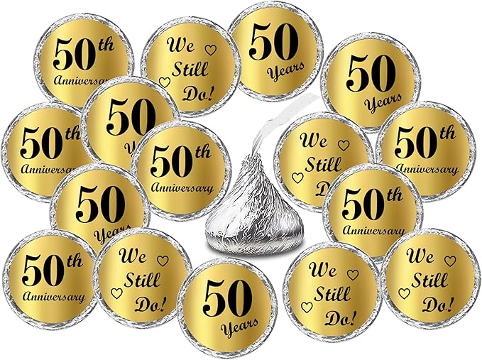 Gold Foil 50th Anniversary Kisses Stickers, (Set of 216) Chocolate