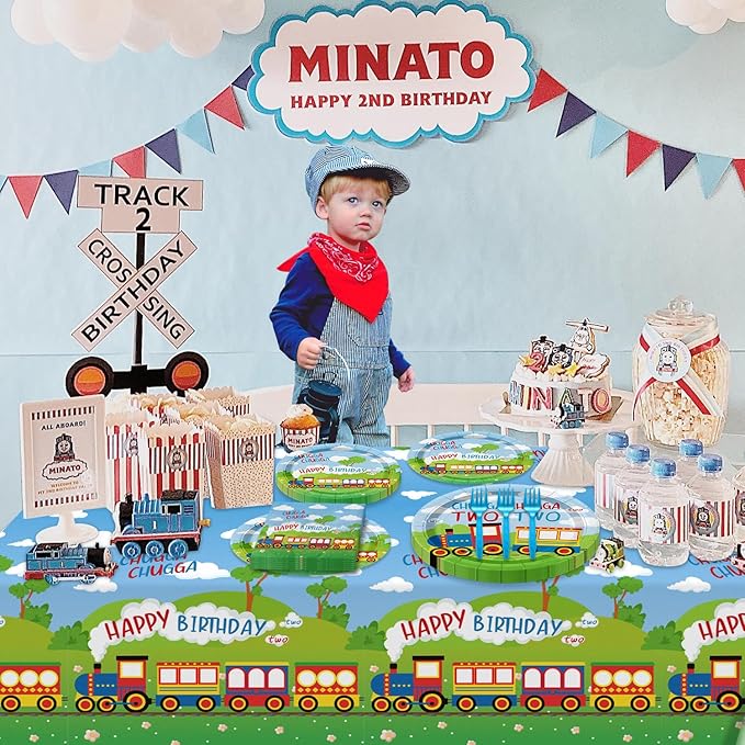 81Pcs Train 2nd Birthday Decorations Including Paper Plates Napkins