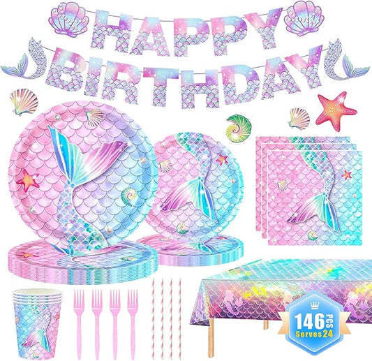 146Pcs Mermaid Plates and Napkins mermaid Party Supplies Includes