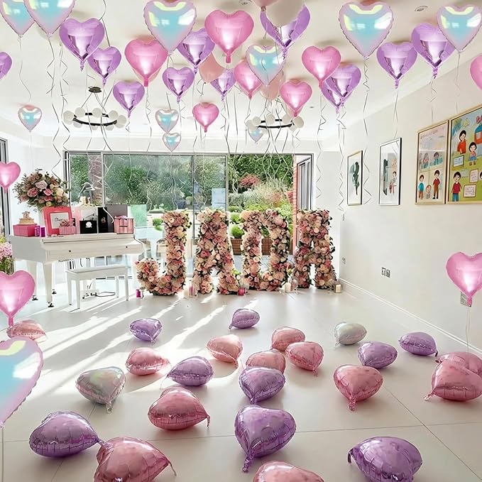 Pink Purple Iridescent Heart Balloons, 12 Pcs Light Pastel Pink