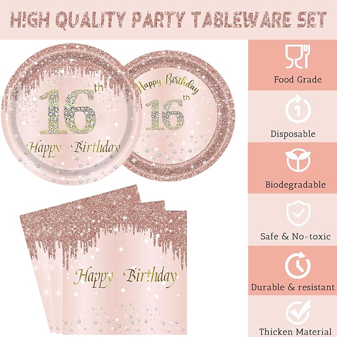 24 Sets 16th Rose Gold Birthday Party Decrations for Girls 16