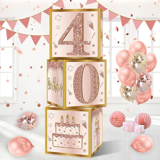 3Pcs 40th Birthday Decorations Boxes for Women Pink Rose Gold 40th