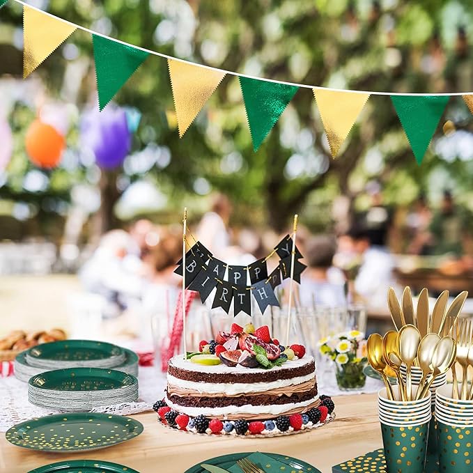 Green Gold Party Decorations Metallic Fabric Triangle Pennant Banner
