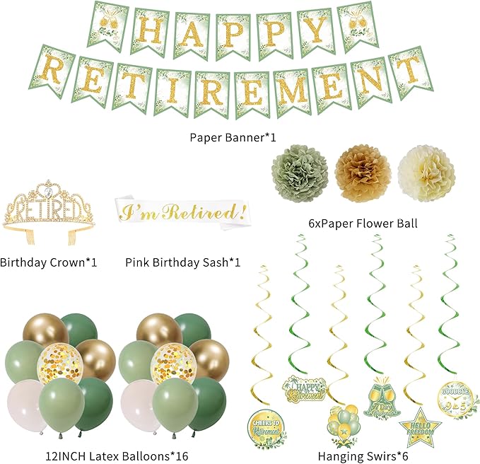 Green Retirement Party Decorations Women Men Green Gold Happy