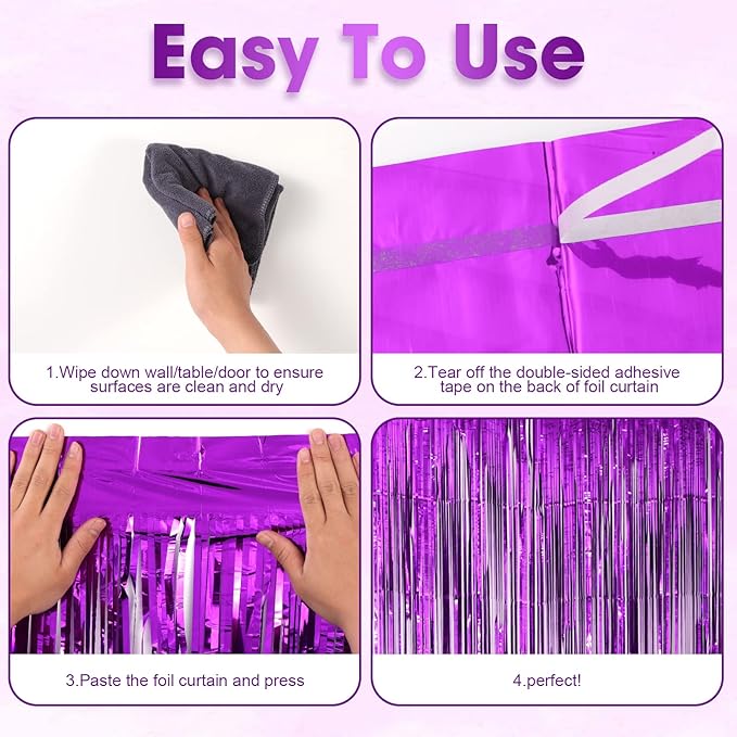 Voircoloria 3 Pack 3.3x8.2 Feet Purple Foil Fringe Backdrop Curtains,
