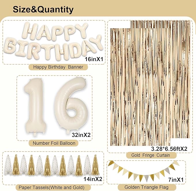16th Birthday Decorations for Girls, White and Gold 16 Boho Birthday