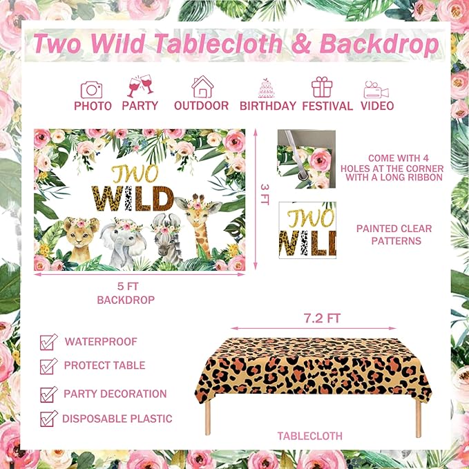 231 PCs Two Wild Birthday Decorations Girl Hombae Jungle Safari