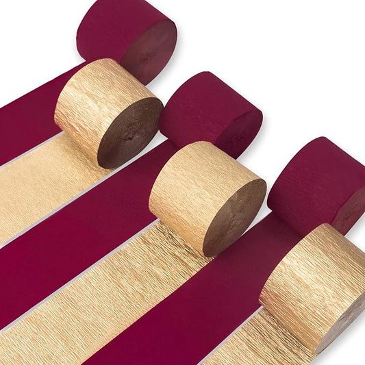 PartyWoo Gold and Burgundy Crepe Paper Streamers 6pcs 492ft Pack of