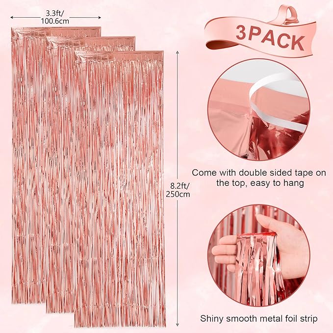 Voircoloria 3 Pack 3.3x8.2 Feet Rose Gold Foil Fringe Backdrop