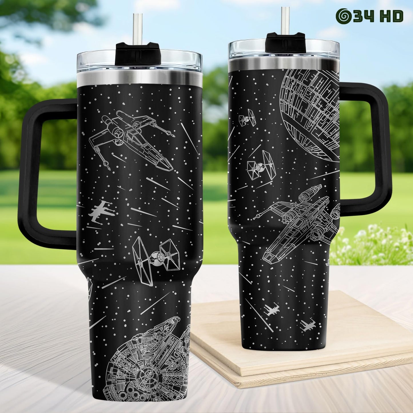 34HD Space Galaxy Tumbler 40oz with Handle and Straw, Sci-Fi Falcon