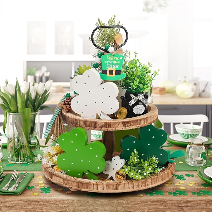 St Patricks Day Decor Wooden Shamrock Decor for Table Tiered Tray