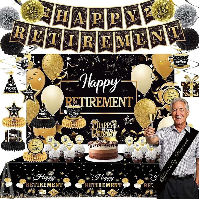 Retirement Party Decorations Includes Banner, Backdrop, Cake Topper,
