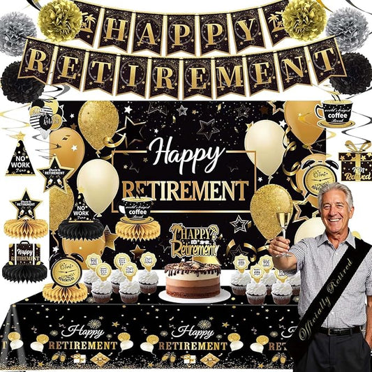 Retirement Party Decorations Includes Banner, Backdrop, Cake Topper,