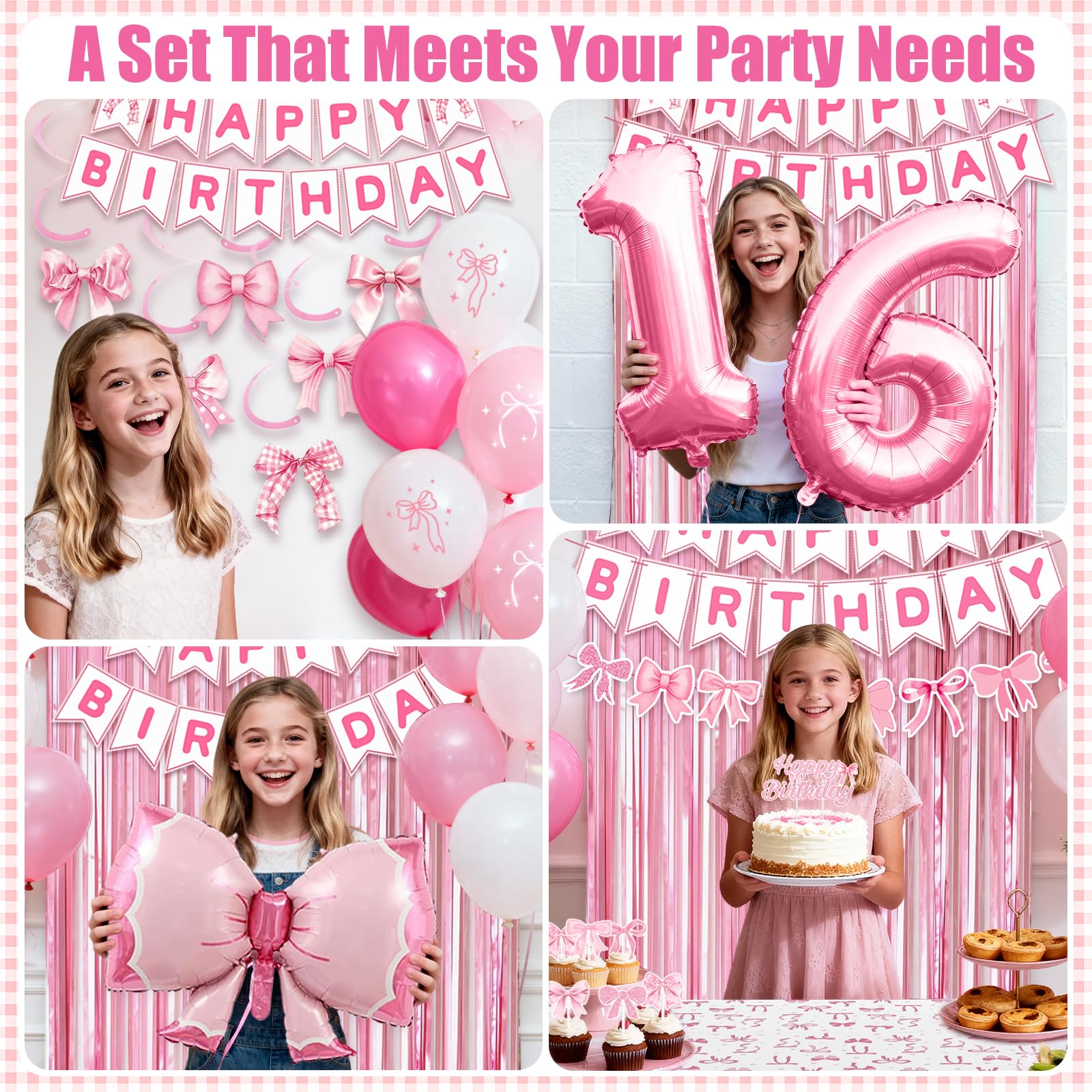 14th Pink Birthday Decorations for Girls, Pink Bow Coquette Birthday