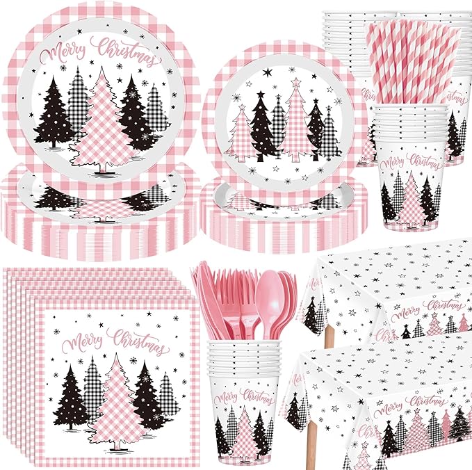 452 Pcs Pink Christmas Party Decoration for 50 Buffalo Plaid Gingham