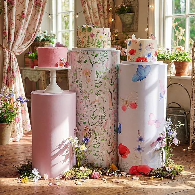 Set of 3 Wildflowers Bridal Shower Spandex Cylinder Stand Cover for