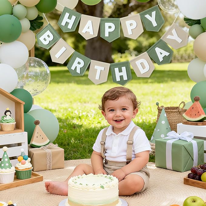 Felt Green Khaki Happy Birthday Banner Pastel Wild One Birthday