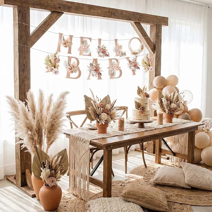 Neutral Boho "Hello Baby" Banner, Pampas Grass Bohemian Baby Shower &