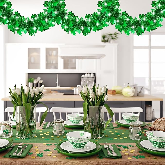 50FT St Patrick's Day Tinsel Garland, Green Shamrock Tinsel Garland